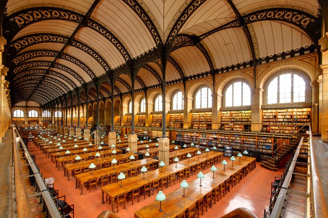 Velika čitalnica svete Genovefe v Parizu se zdi kot katedrala industrijske dobe &ndash; z obokano litoželezno konstrukcijo, značilno tudi za nakupovalne galerije in železniške postaje 19. stoletja.