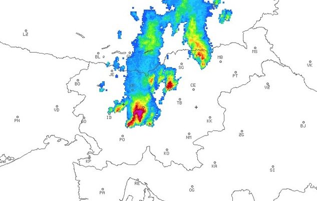 Radarska slika padavin. FOTO: Arso