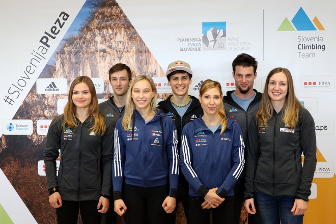 Slovenski aduti v Innsbrucku bodo (z leve) Vita Lukan, Gregor Vezonik, Janja Garnbret, Domen Škofic, Mina Markovič, Jernej Kruder in Katja Kadić. Foto Manca Čujež/PZS