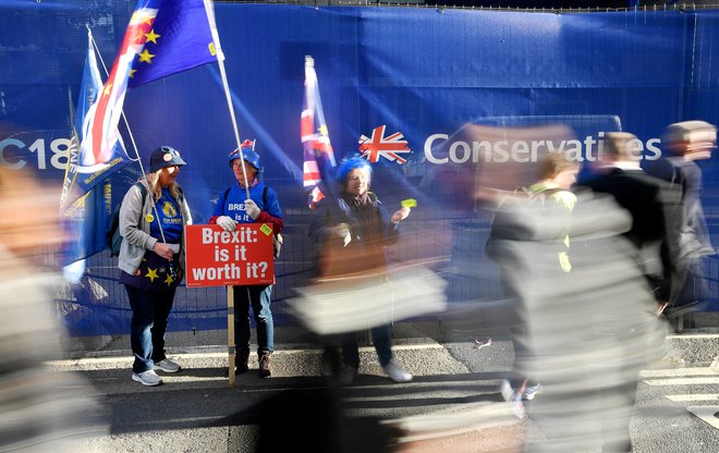 Nasprotniki britanskega izstopa iz EU protestirajo pred prizoriščem kongresa konservativne stranke v Birminghamu. FOTO: REUTERS/Toby Melville&nbsp;