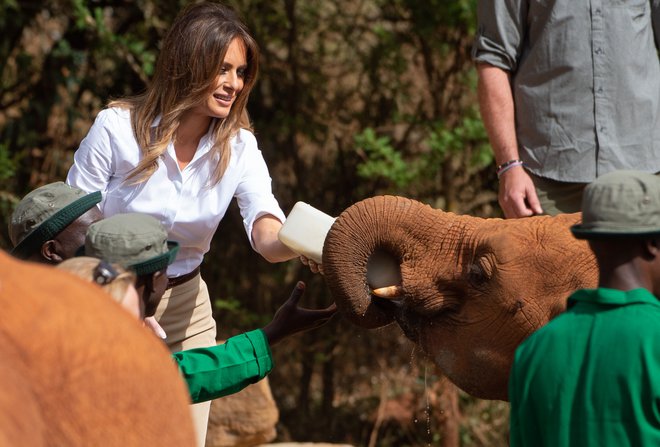 Melania Trump se je dobro počutila med slončki. FOTO: AFP