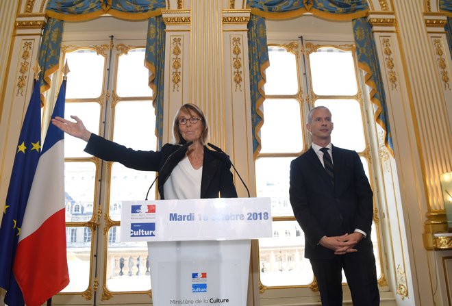 Françoise Nyssen in novi francoski minister za kulturo Franck Riester.&nbsp; Foto AFP