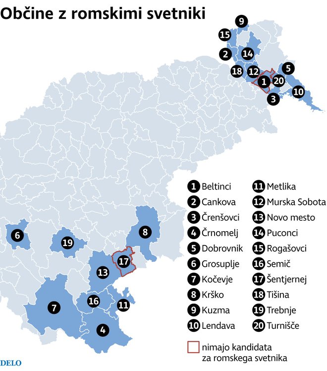 Zemljevid 20 občin, ki jim zakonodaja nalaga, da imajo v občinskih svetih tudi predstavnike romske skupnosti. Infografika: Delo