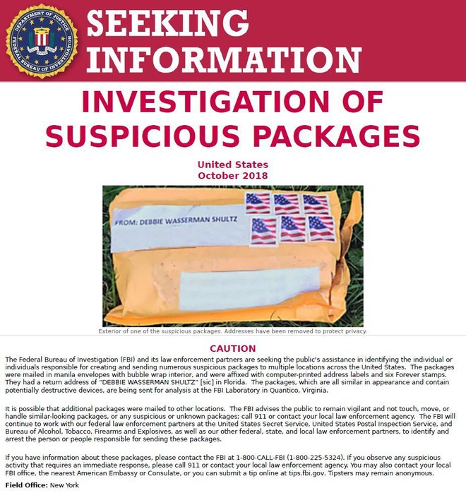 FBI je objavila fotografijo paketa, s čimer poziva javnost k pomoči pri iskanju odgovornih za pošiljanje sumljivih pošiljk. FOTO: AP