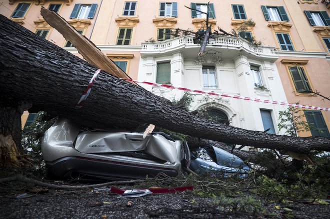 Močan veter je v Rimu ruval drevesa. Na fotografiji zmečkan avtomobil pod mestnim drevesom, ki je med padcem poškodovalo tudi balkon sosednje palače. FOTO: Angelo Carconi/ANSA/AP