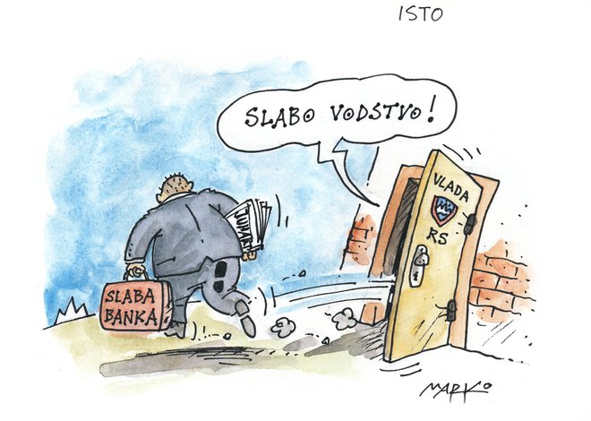 Slaba banka kljub novim šefom z uglednimi imeni ostaja avgijev hlev. Karikatura: Marko Kočevar&nbsp;