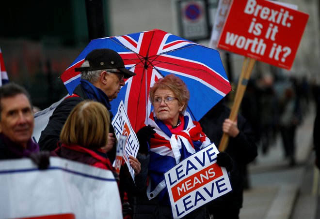 Zagovorniki in nasprotniki brexita, ki redno protestirajo pred britanskim parlamentom, se lahko upravičeno sprašujejo, kaj pomeni najnovejši &shy;manever britanske vlade. Foto Reuters