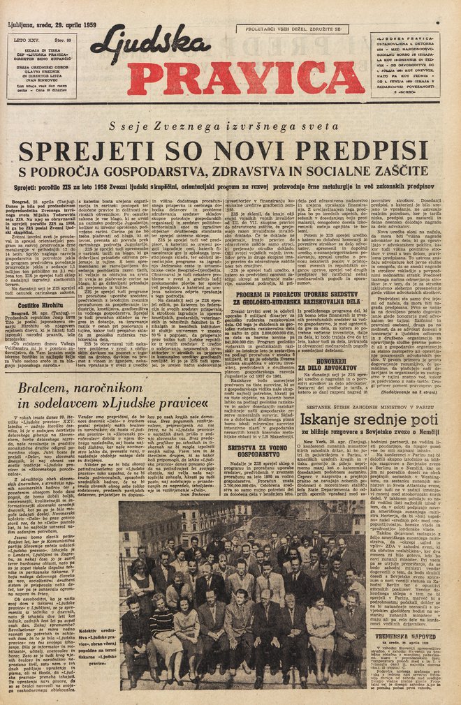 Zadnja naslovnica Ljudske pravice 29. aprila 1959. FOTO: Leon Vidic/Delo