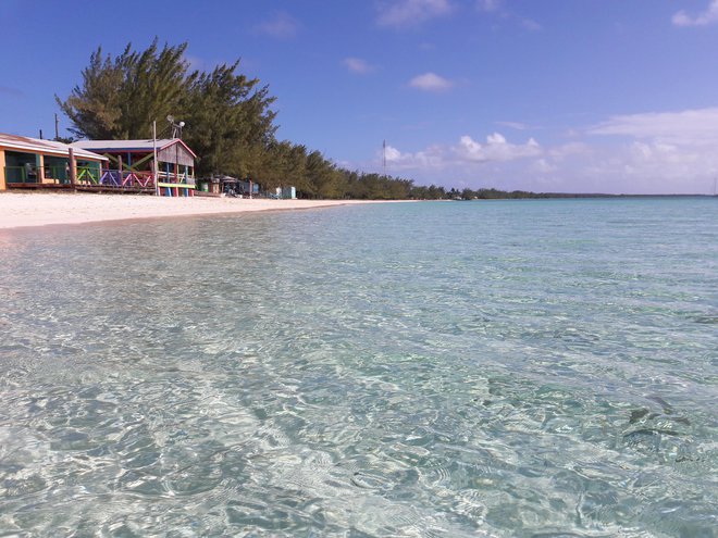 Tu ni ladij za križarjenje, čudovite kilometrske peščene plaže ob turkiznem morju pa so prazne. Kakor ta pri naselju New Bight. FOTO: Marko Jenšterle