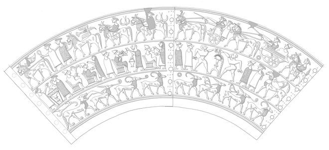 Razvit plašč situle z Vač. Prva polovica 5. stoletja pr. n. št. Risba Ida Murgelj. &copy; Narodni muzej Slovenije
