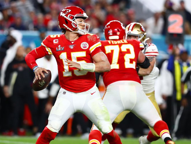 Podajalec Kansas City Chiefs Patrick Mahomes je podpisal najdonosnejšo pogodbo v športu. FOTO: Matthew Emmons/USA TODAY Sports