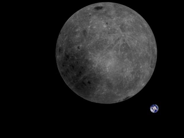 Skrita stran Lune in Zemlja. FOTO: MingChuan Wei, Harbin Institute of Technology/Tammo Jan Dijkema/Dwingeloo Radio Telescope&nbsp;