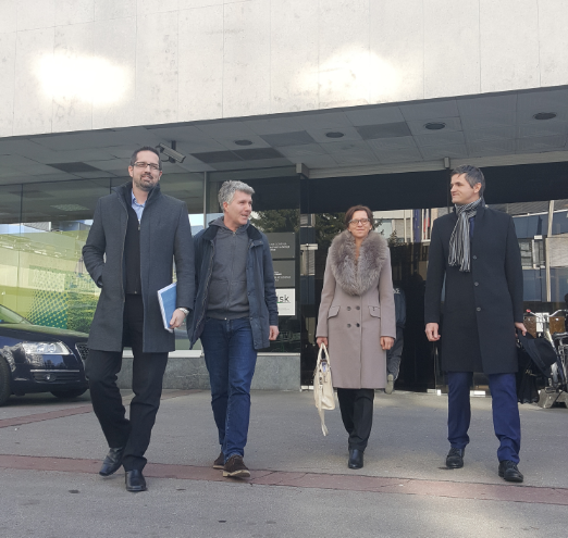 Delegacija z Vrhnike pri ministru Lebnu: od leve proti desni: župan Daniel Cukjati, Andrej Markovič (Eko Vrh), Vesna Kranjc (direktorica občinske uprave), odvetnik Tomaž Petrovič. FOTO: Maja Prijatelj Videmšek