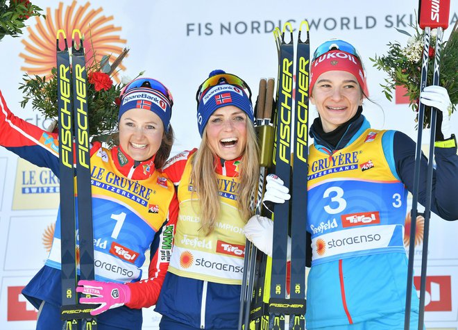 Najboljše tri v skiatlonu na SP v Seefeldu. FOTO: AFP