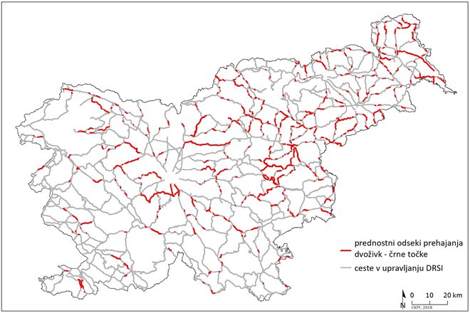 Prednostni odseki cest (črne točke) v upravljanju Direkcije RS za ceste, ki ustrezajo kriterijem za vzpostavitev trajnih ukrepov za dvoživke. VIR: Predlog ukrepov za zaščito dvoživk na cestah v upravljanju DRSI. Center za kartografijo favne in flore, 2018