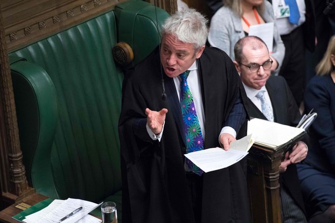 Predsednik spodnjega doma britanskega parlamenta John Bercow je presodil, da poslanci ne morejo še v tretje glasovati o ločitvenem sporazum z EU, brez da se vsebina tega ne spremeni. FOTO: Jessica Taylor/Afp