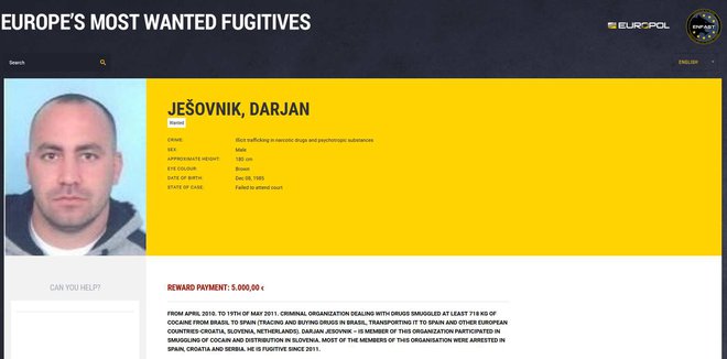 Darjan Ješovnik je bil med najbolj iskanimi ubežniki. FOTO: Europol