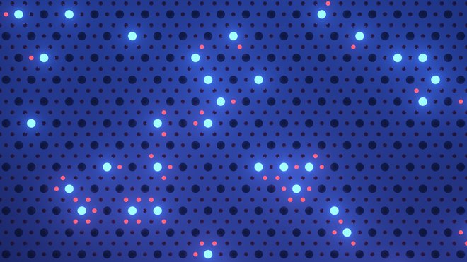 Kondovo senčenje magnetnih nečistoč (modre lučke) z magnetnimi vzbuditvami (rdeče lučke) v kvantni spinski tekočini. FOTO: Matjaž Gomilšek&nbsp;