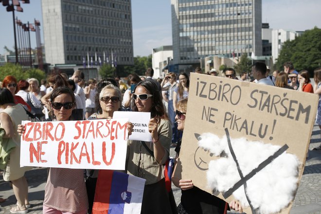 V sredo je pred parlamentarno stavbo kakšnih sto staršev otrok v zasebnih osnovnih šolah protestiralo proti Pikalovi noveli. FOTO: Blaž Samec