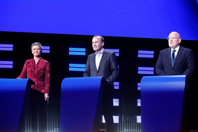 Vodilni kandidati Margrethe Vestager, Manfred Weber in Frans Timmermans so v času evropske volilne kampanje večkrat soočili svoja stališča, na koncu pa ostali brez vodilnih položajev. FOTO: Reuters