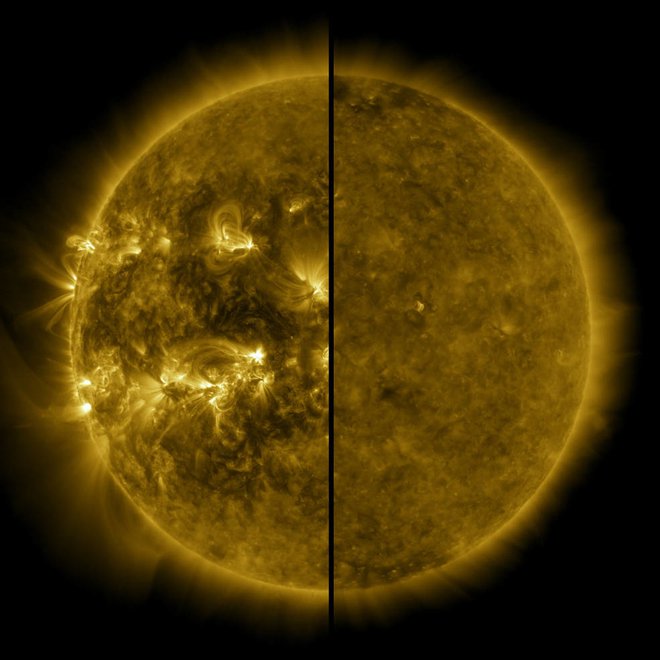 Fotografija prikazuje razliko med aktivnostjo na Soncu med maksimumom, ki je nastopil aprila 2014 (levo), in minimumom decembra 2019.<br />
FOTO: Nasa/SDO