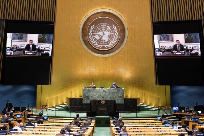 75. zasedanje Generalne skupščine ZN, ki letos zaradi pandemije koronavirusa poteka virtualno. Na fotografiji Borut Pahor na posnetku govora. FOTO: United Nations Via Reuters