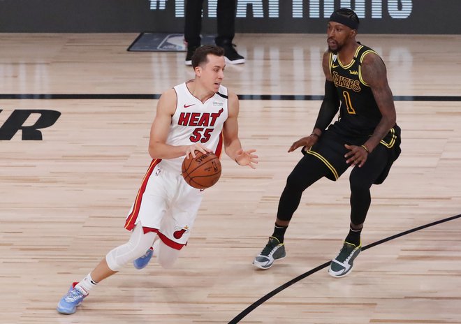 Miamijev branilec Duncan Robinson je z velikim spoštovanjem govoril o Goranu Dragiću, ki ga zelo pogreša v finalni seriji NBA, v kateri odlično opravljal svojo nalogo. FOTO: Sam Greenwood/AFP