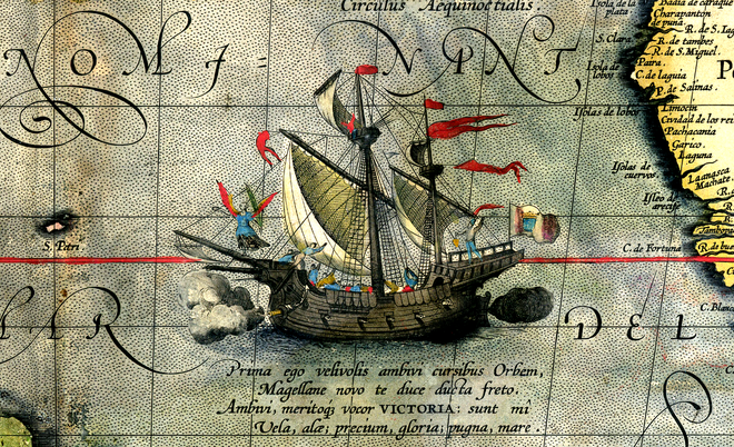 Victoria je edina ladja iz Magellanove flote, ki je končala pot okoli sveta. Odsek slike je z zemljevida Orteliusa, 1590. FOTO: Wikipedija
