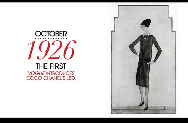 Za modni mejnik šteje črna obleka Coco Chanel, ki so jo oktobra 1926 leta prvič objavili v oktobrski številki ameriškega Vogua.<br />
Foto Vogue