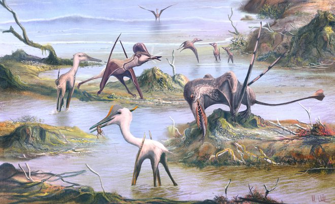 Umetniška upodobitev različnih pterozavrov pred 150 milijoni leti FOTO: Mark Witton / UNIVERSITY OF BIRMINGHAM / AFP