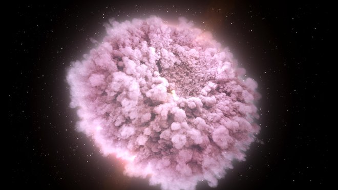 Tik pred trkom nevtronske zvezde s sebi podobno zvezdo ali črno luknjo se s površine odtrga vroč oblak zgoščene snovi, iz katere nastanejo eni najtežjih kemijskih elementov, med njimi tudi za več zemeljskih mas zlata in platine. FOTO:Nasa