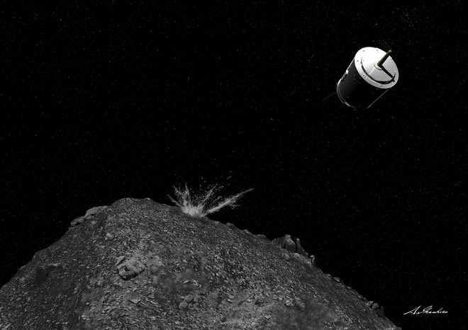Hajabusa 2 je v eni od operacij nad asteroid spustila izstrelitveno kapsulo z 2,5 kilograma težkim bakrenim izstrelkom, aktiviral se je, ko je bila sonda na varni oddaljenosti. V asteroidu je naredil deset metrov širok krater, od koder je sonda kasneje zajela nekontaminiran prvinski material. FOTO: Jaxa