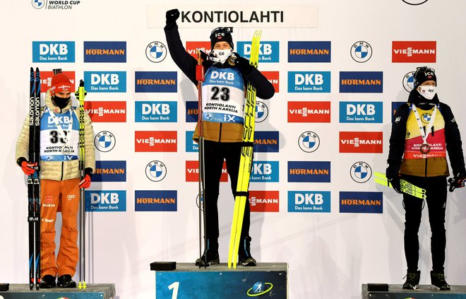Na zmagovalnem odru sta stala dva Norvežana in Nemec. FOTO: Antti Aimo-Koivisto/Reuters