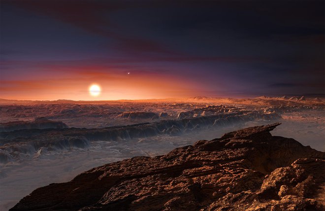 Umetniška upodobitev površja planeta Proksima b, ki kroži okoli rdeče pritlikavke Proksima Kentavra. FOTO: ESO/M. Kornmesser