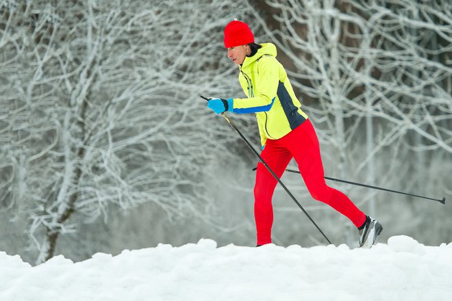 Trup se začne predklanjati, neobremenjena zamašna noga pa prihaja naprej v stik s snegom ob stopalu oporne noge. FOTO: Shutterstock