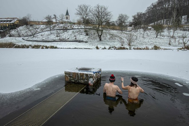 Češki pogumneži so se v Pragi potopili v ledeno vodo ribnika Terezka v parku. FOTO: Michal Cizek/Afp