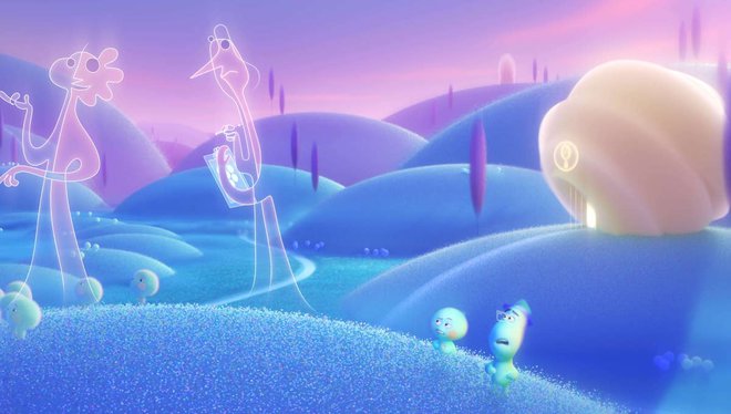 Joe zaide v mehko, geometrijsko, digitalno onstranstvo z zaobljenimi dušami in njihovimi varuhi v podobi bolj sofisticiranih kubističnih bratov <em>La Linee</em>. Foto Pixar Animation Studios