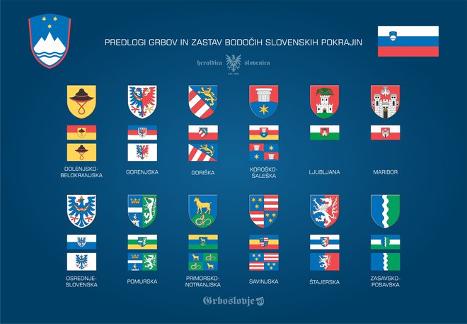 Grbi in zastave - klasične in t. i. heraldične - bodočih pokrajin. Foto: Aleksander Hribovšek/Heraldica Slovenica