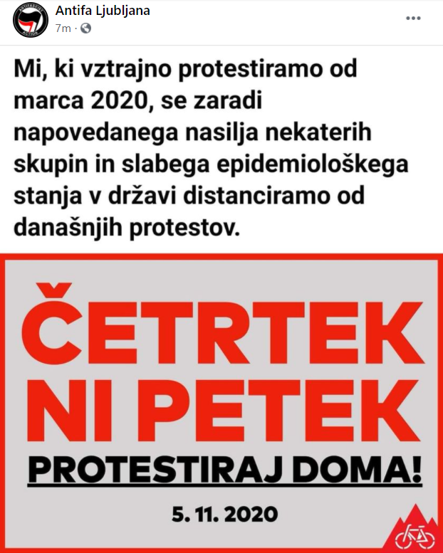 Antifa poziva k protestom doma. FOTO: Facebook