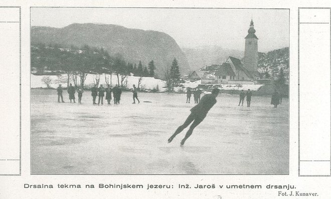 Prvenstvo 20. februarja 1921 se je začelo na zaledenem Bohinjskem jezeru, kjer so se tekmovalci pomerili v umetnostnem in hitrostnem drsanju na 500 metrov. FOTO: revija Šport