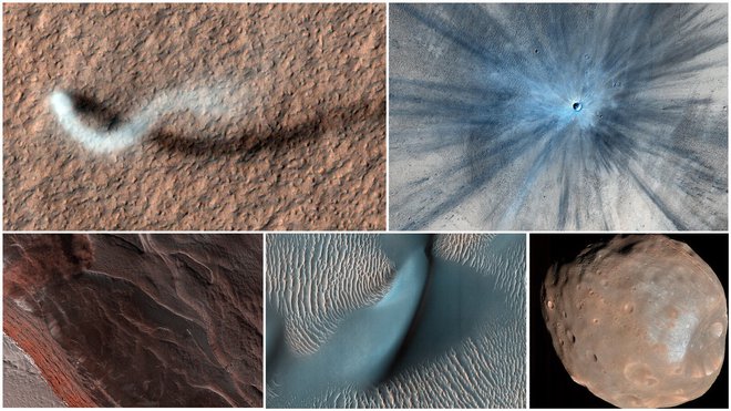 Kolaž posnetkov, ki jih je MRO naredil s kamero Hirise: prašni vrtinec, krater, plaz, peščene sipine in luna Fobos.&nbsp; FOTO: NASA/JPL-Caltech/University of Arizona&nbsp;