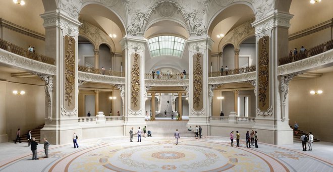 Dvorana Rotonde Antin je edini povsem okrašen del Grand Palaisa. Računalniški prikaz Chatillon Architectes
