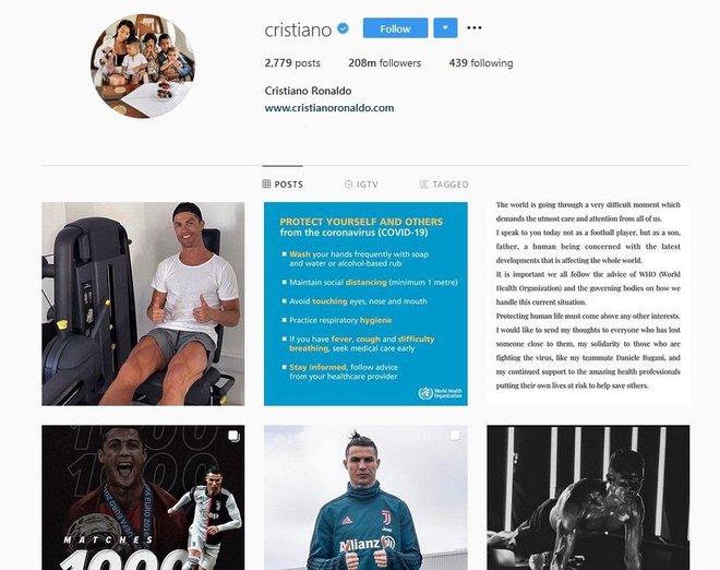 Cristiano Ronaldo na instagramu Foto posnetek strani