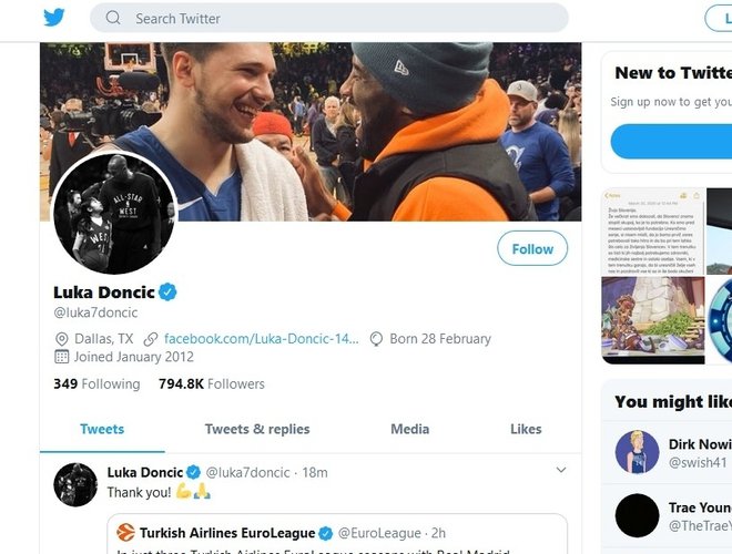 Luka Dončič na twitterju Foto posnetek strani