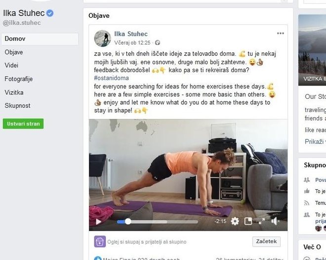 Ilka Štuhec na facebooku Foto posnetek strani