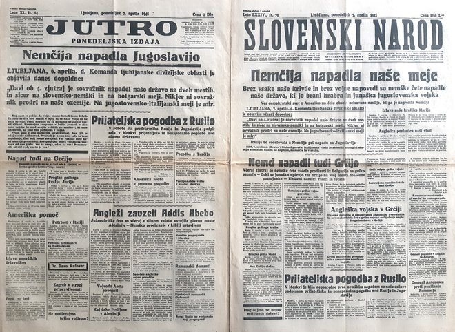 Časnika Jutro in Slovenski narod z datumom 7. april 1941 FOTO: Muzej Tiska