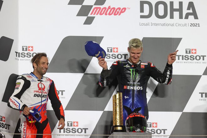 Francoski dan v Losailu: Fabio Quartararo (desno) je bil najhitrejši, Johann Zarco (levo) je z osvojitvijo drugega mesta prevzel vodstvo v SP. FOTO: Karim Jaafar/AFP