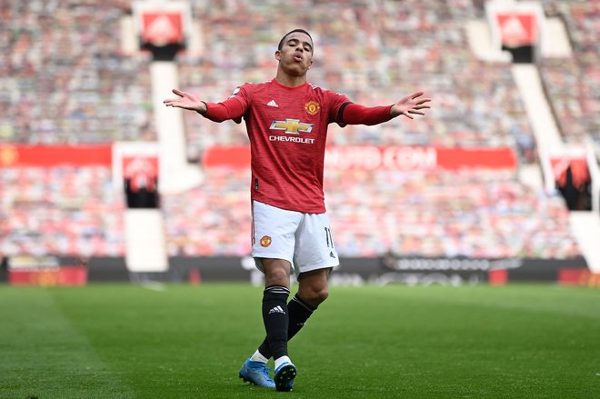 Veliki up angleškega nogometa in Manchester Uniteda Mason Greenwood proti Burnleyju dosegel dva gola. Foto: Gareth Copley/AFP