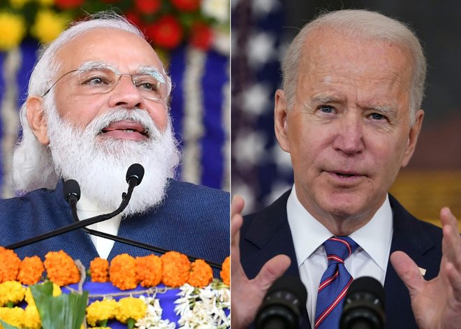 Ameriški predsednik Biden bo indijskemu premieru Modiju pomagal pri spopadanju s pandemijo. FOTO: Mandel Ngan/AFP