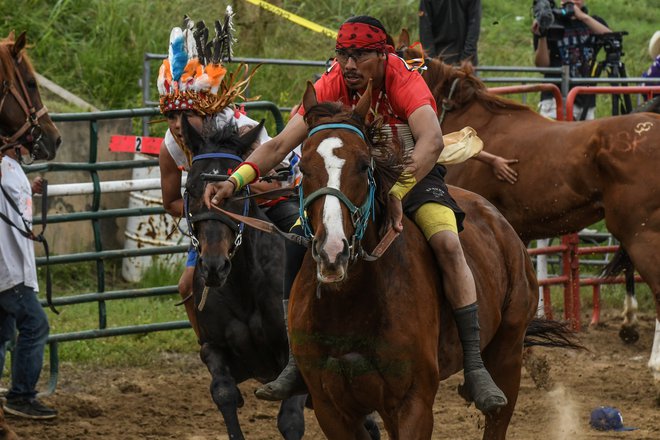 Jezdenje brez sedla je lahko precej nevarno, še posebej v galopu, ko konji tečejo zelo hitro. FOTO: Stephanie Keith/Reuters